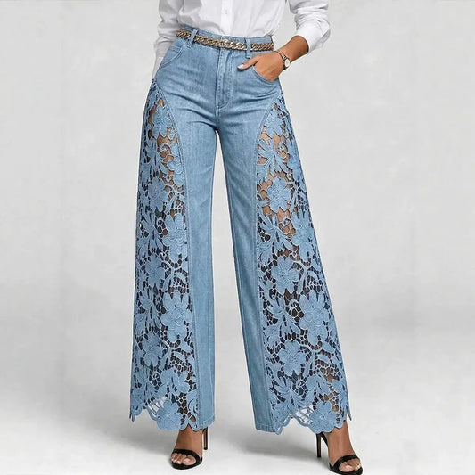 High-waisted Wide-leg Pants Womens Lace-panelled Jeans by GJG Denim