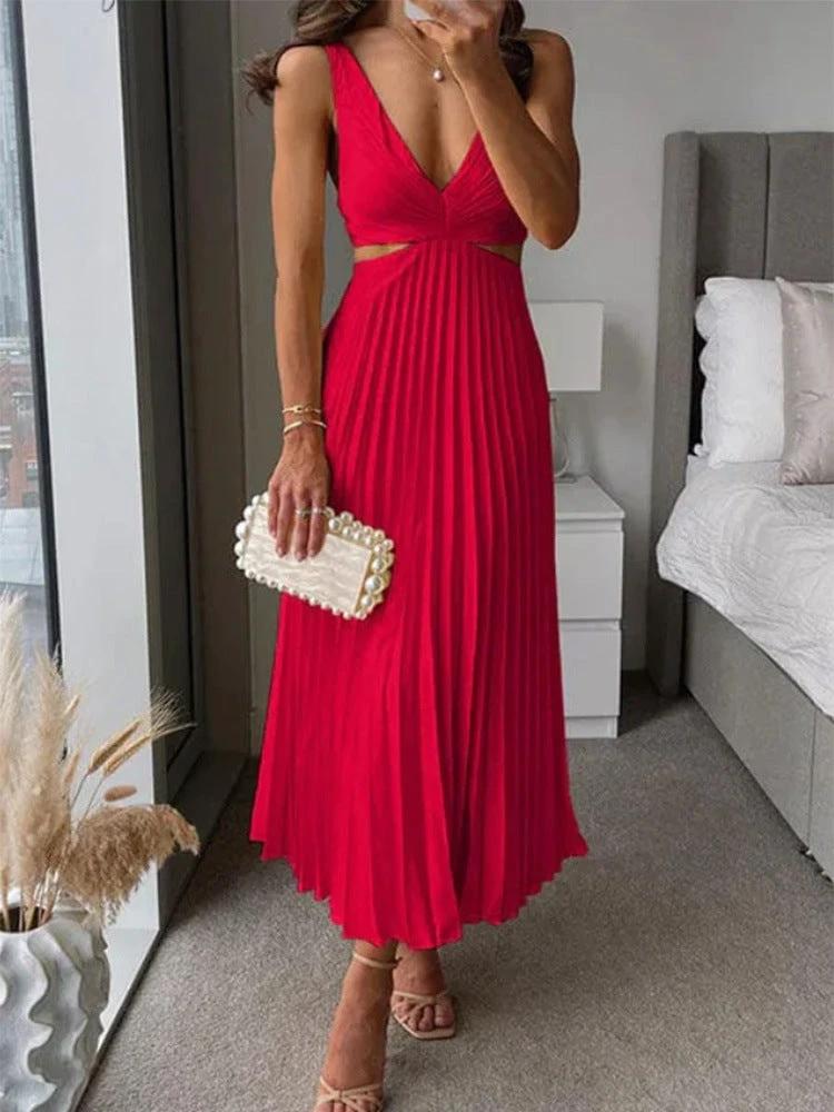 Ins Suspender Pleated Long Dress With Hollow-waisted Design Fashion V-neck Backless Dresses Summer Women's Clothing by GJG Denim