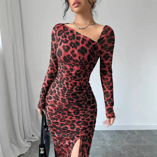 New Women's irregular V-Neck Long Sleeve Sexy Leopard Print Dress by GJG Denim