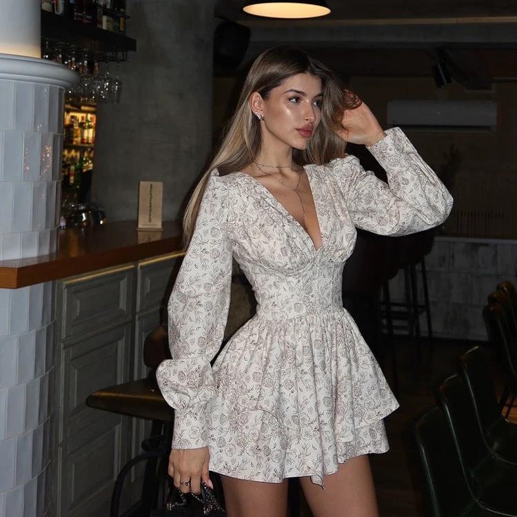 Retro Printed V-neck Long Sleeve Irregular Hem Dress by GJG Denim