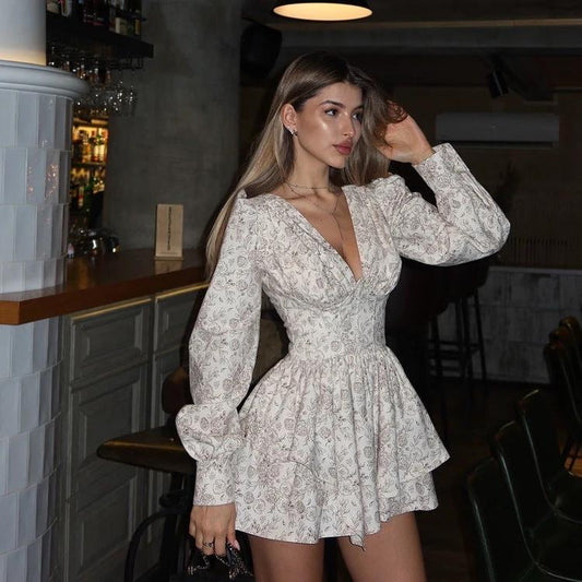 Retro Printed V-neck Long Sleeve Irregular Hem Dress by GJG Denim