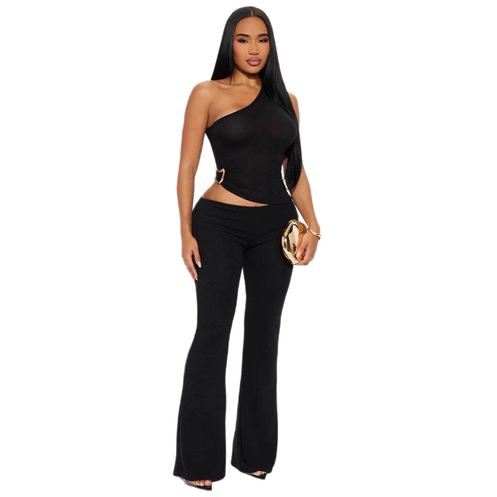 Fashionable Solid-Color Slim-Fit Asymmetrical-Neck Tops And Pants Set That Flatters Your Figure by GJG Denim