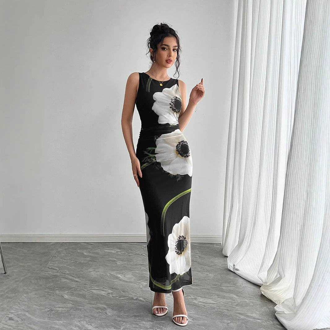 Women's Black Mesh Floral Print Sleeveless Dress Long Dress by GJG Denim