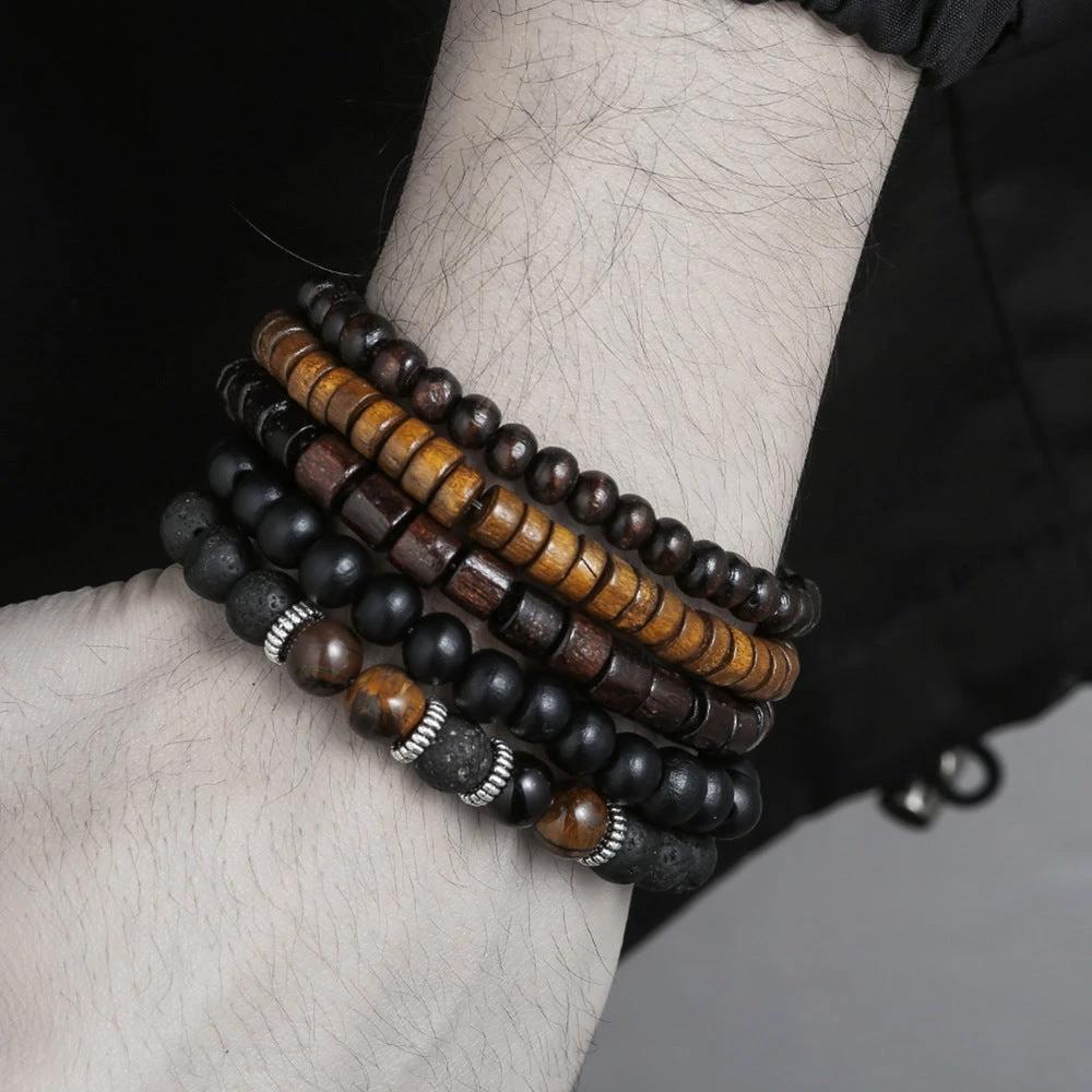 Retro Men's Coconut Wood Multi-Layer Stackable Bracelet Set by GJG Denim