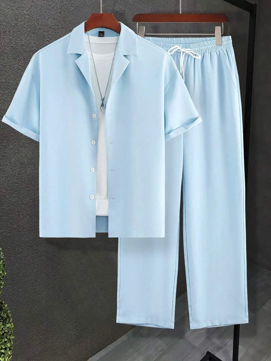 Men's Short Sleeve Stand Collar Shirt Pants Suit by GJG Denim