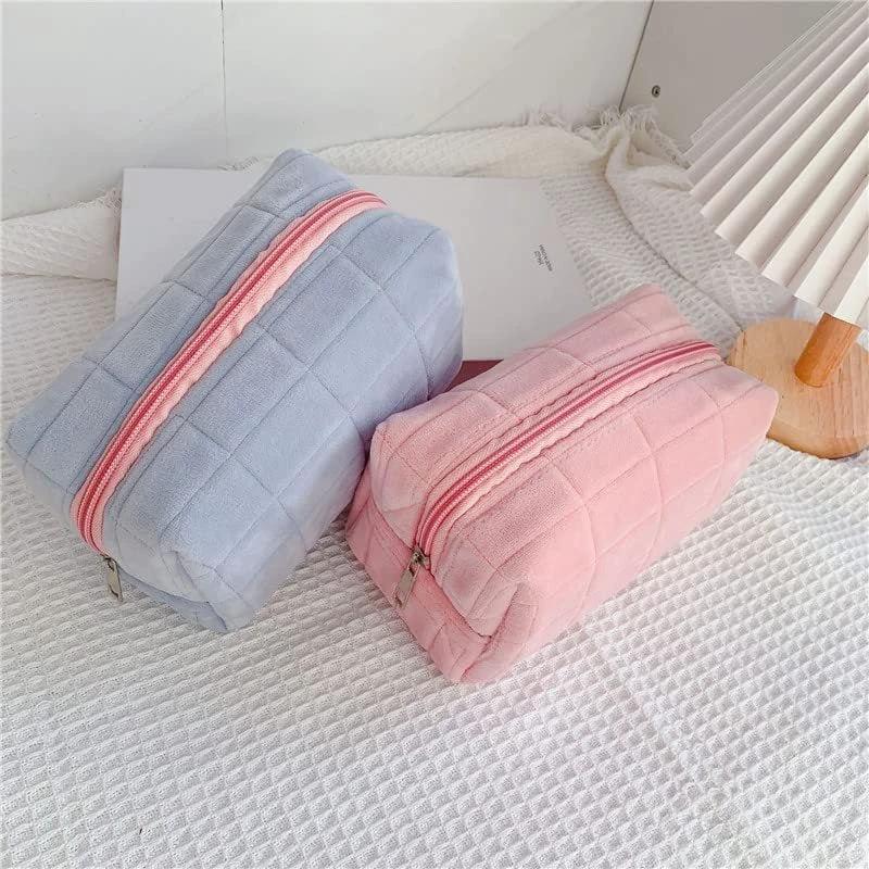 Plush Makeup Bag Checkered Cosmetic Bag Cosmetic Travel Bag Large Zipper Travel Toiletry Bag Portable Multi Functional Capacity Bag Cute Makeup Brushes Storage Bag For Women by GJG Denim