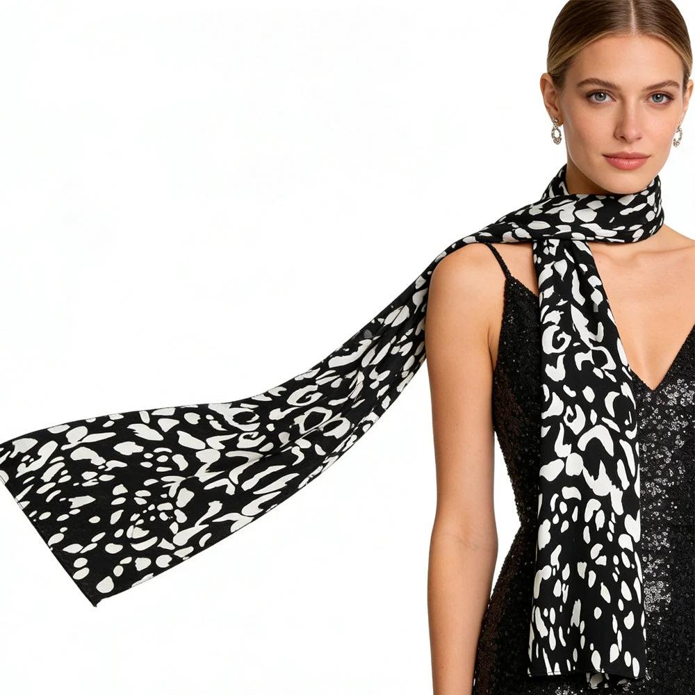 Black & White Printed Viscose Scarf - Abstract Long Scarf 79inchx9inch by GJG Denim