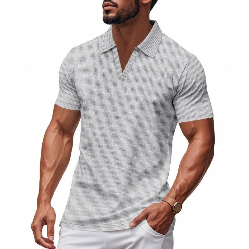 Summer Men's Loose Leisure Sports V-neck Waffle Short Sleeve Lapel Polo Shirt Men by GJG Denim