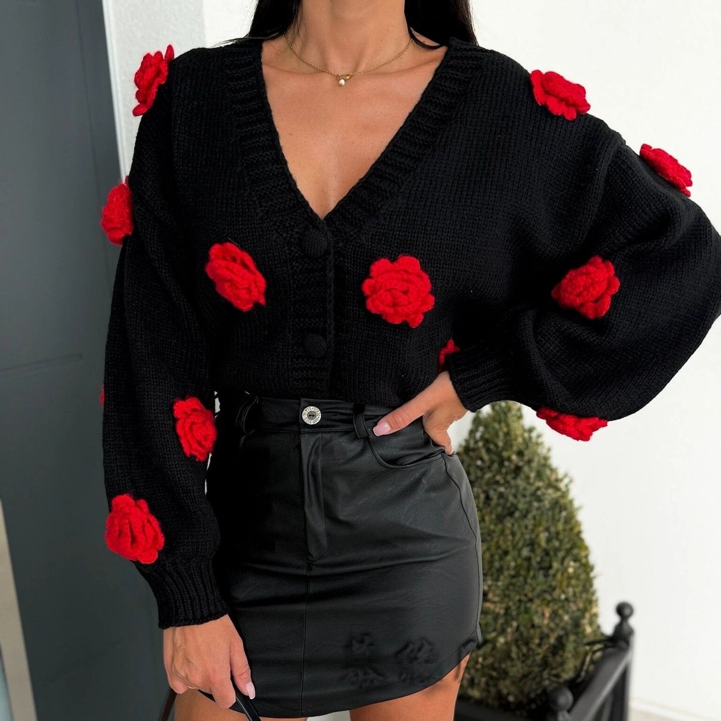 Three-dimensional Women's Flower Shape Loose V-neck Buttons Sweater by GJG Denim
