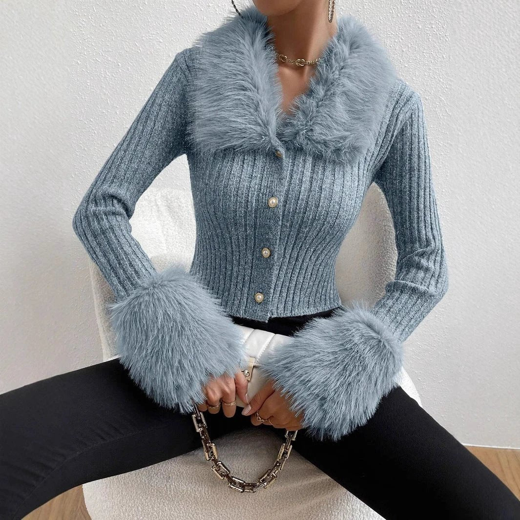 New V-neck Knitted Cardigan With A Slim Fit And A Fur-trimmed Collar by GJG Denim