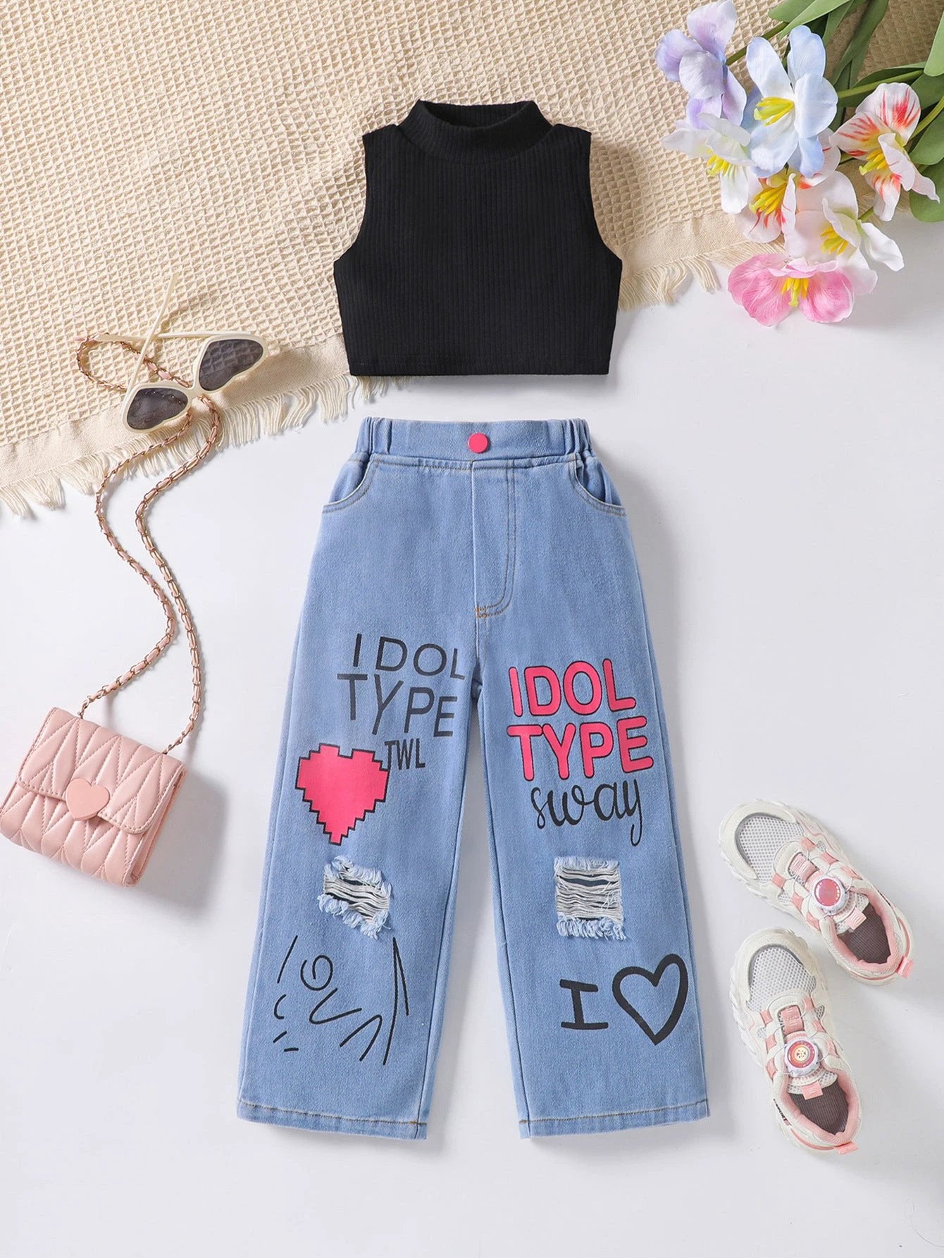 New Girls' Solid Color Sleeveless Vest Letters by GJG Denim