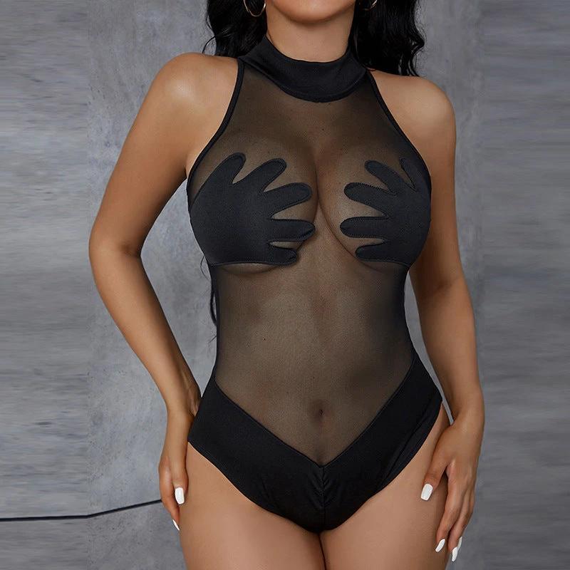 Women's Sheer Mesh Contrast hand Bodysuit by GJG Denim