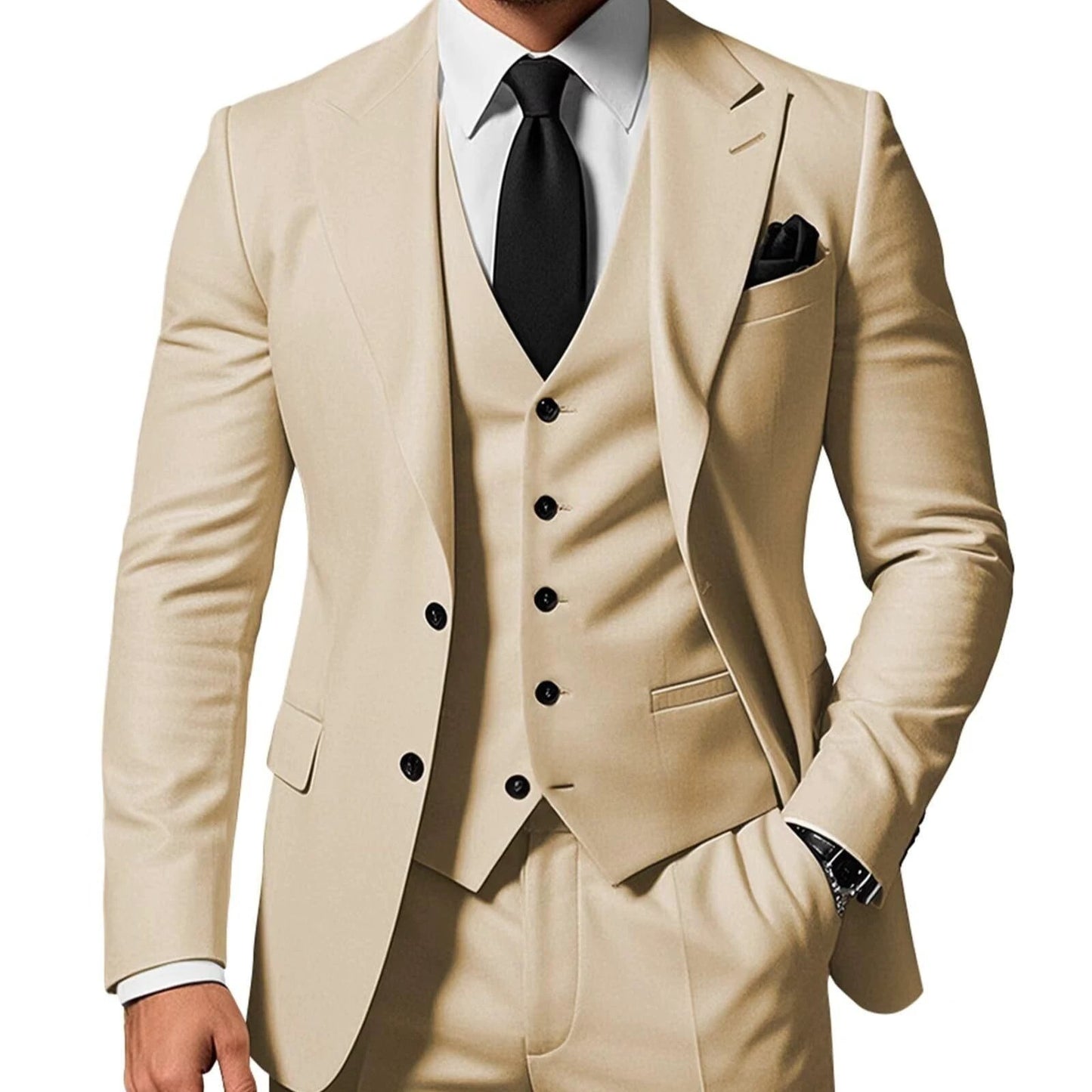 Men's Solid Color 2-piece Buckle Casual Jacket Vest Pants Suit by GJG Denim