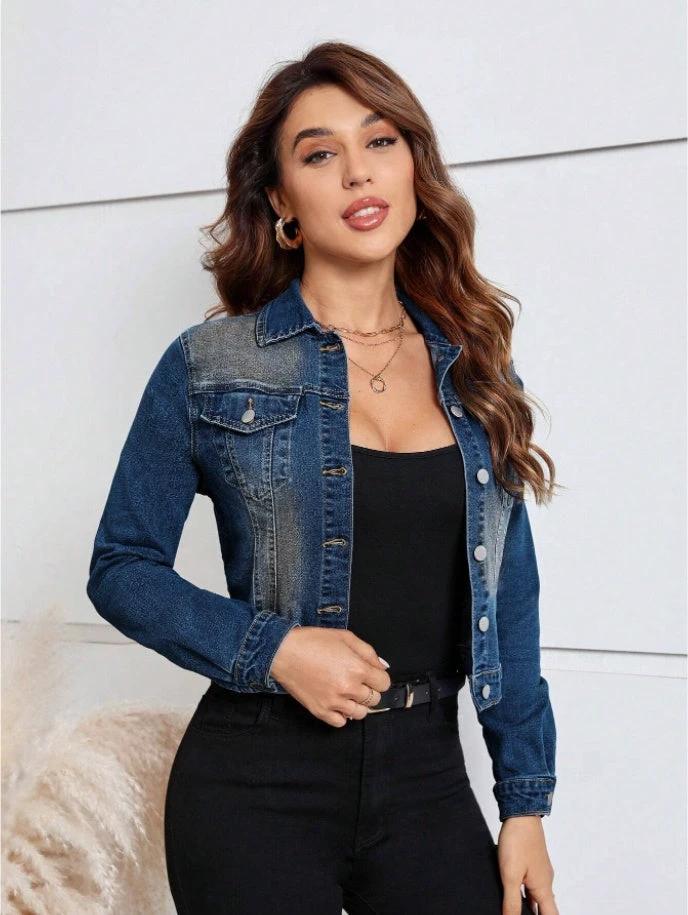 Women's Casual Distressed Cropped Denim Jacket by GJG Denim