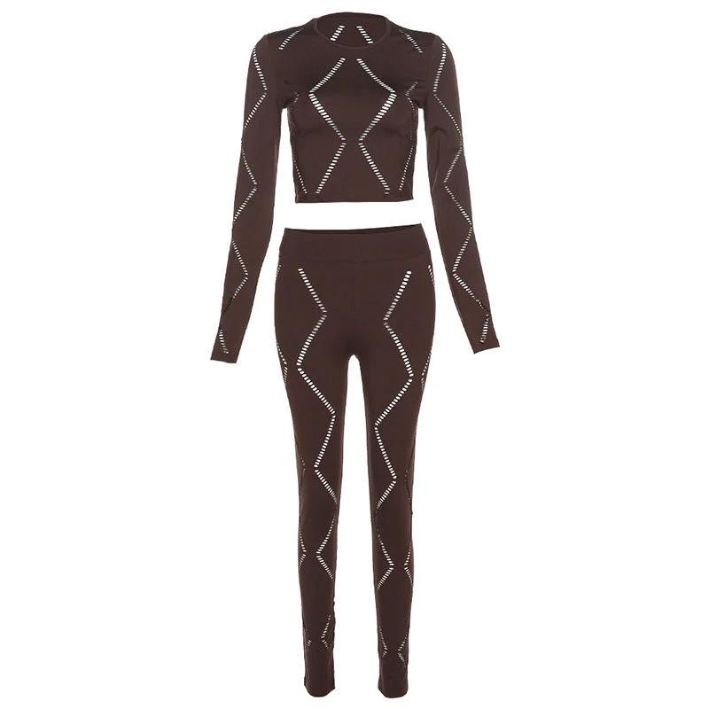 Women's Hollow-out Ripped High Waist Tight Pants Casual Sports Suit by GJG Denim