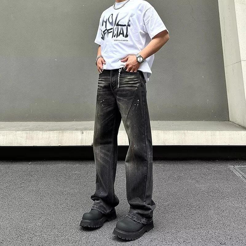 Retro Black Tie-dye Straight-leg Jeans For Men by GJG Denim