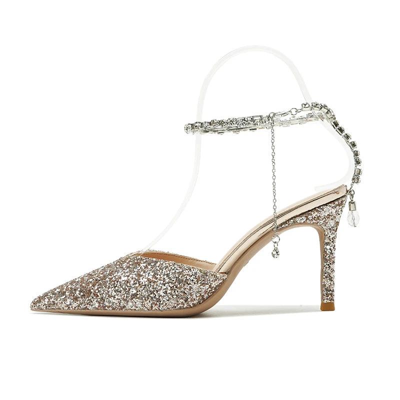 Sharp Pointed Rhinestone Chain High Heels With Fine Heels by GJG Denim