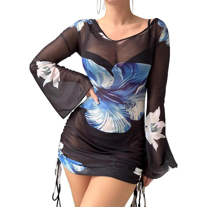 Mesh Long-sleeve Flared-sleeve Short cover up dress by GJG Denim
