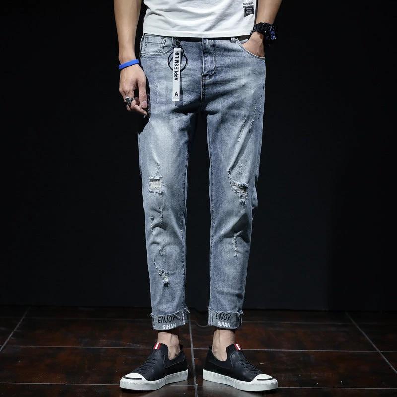 Men's Ripped Elastic Slim Straight Leg Jeans by GJG Denim