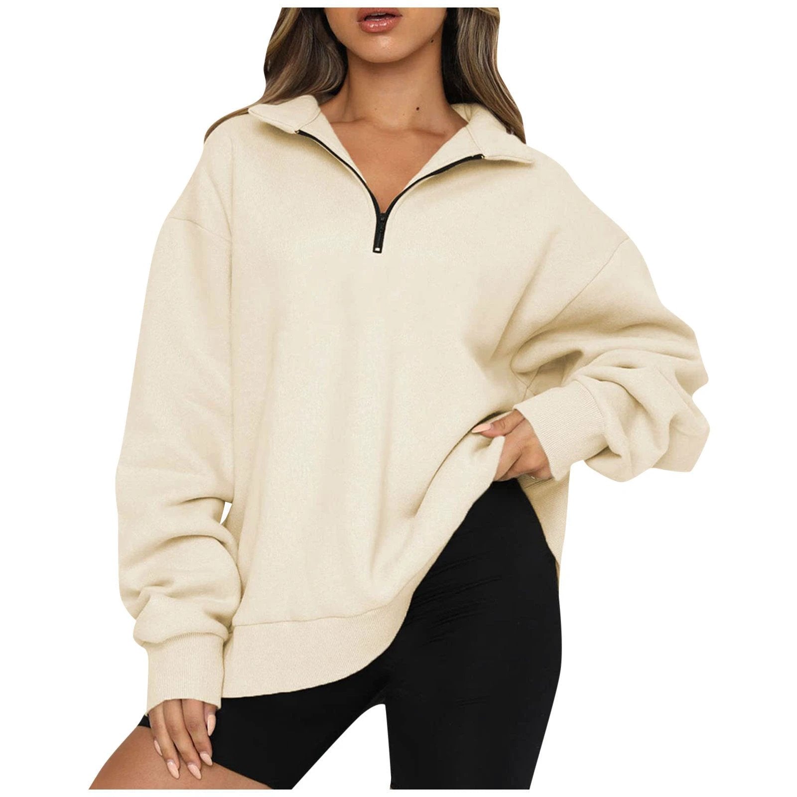 Women Sweatshirts Zip Turndown Collar Loose Casual Tops Clothes by GJG Denim
