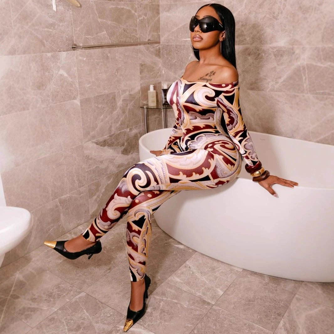 Sexy Print Off-shoulder Cinched Bodycon One-piece Trousers by GJG Denim
