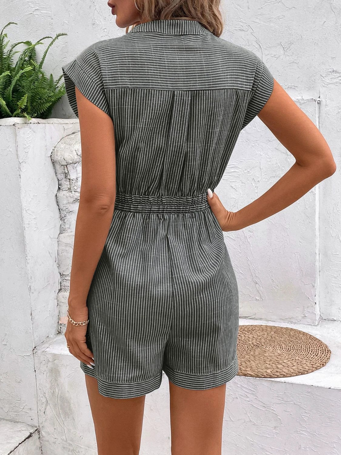Striped Notched Tie Waist Romper by Lady Ros