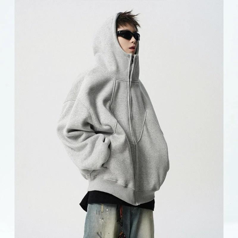 Men's Loose Design Stitching Zip-up Hooded Sweater by GJG Denim