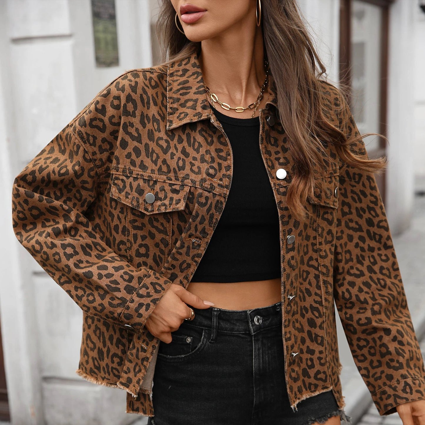 Women's Loose Street Style Personalized Leopard Print Denim Short Jacket by GJG Denim