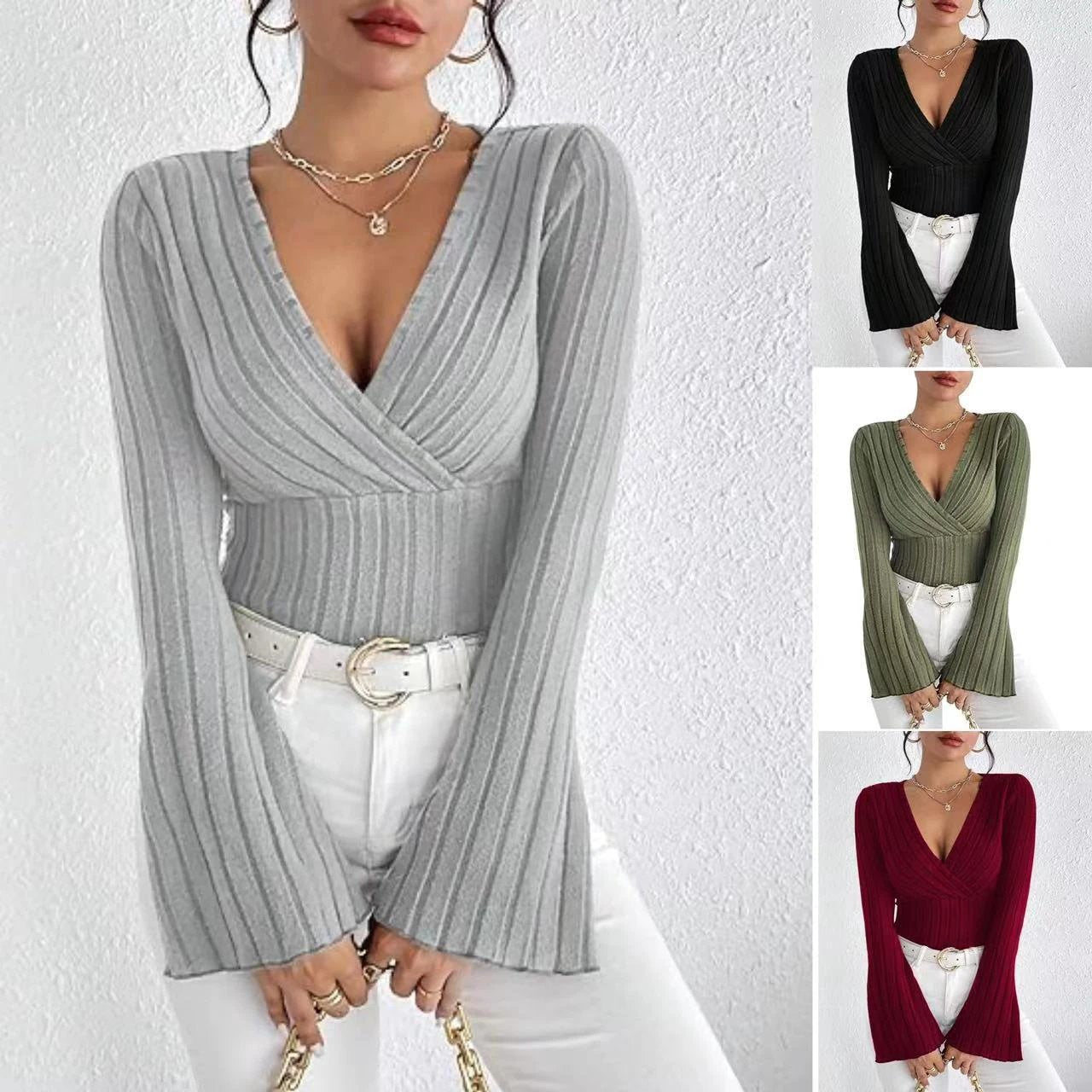 Women's Autumn And Winter Rib Sunken Stripe V-neck Flared Slim-fit Long Sleeve T-shirt Elegant Women's Top by GJG Denim