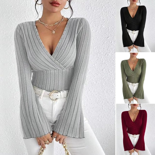 Women's Autumn And Winter Rib Sunken Stripe V-neck Flared Slim-fit Long Sleeve T-shirt Elegant Women's Top by GJG Denim