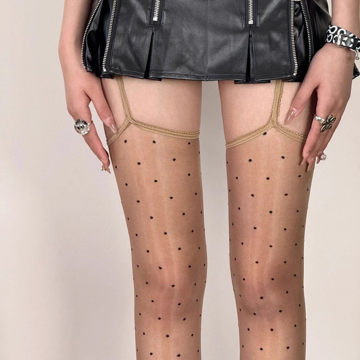 Aurora Polka Lace Shiny Suspenders Small Polka Dot Stockings by GJG Denim