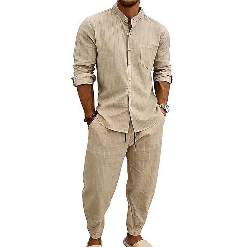 High-street Striped Henley Shirt Jogger Pants Set by GJG Denim