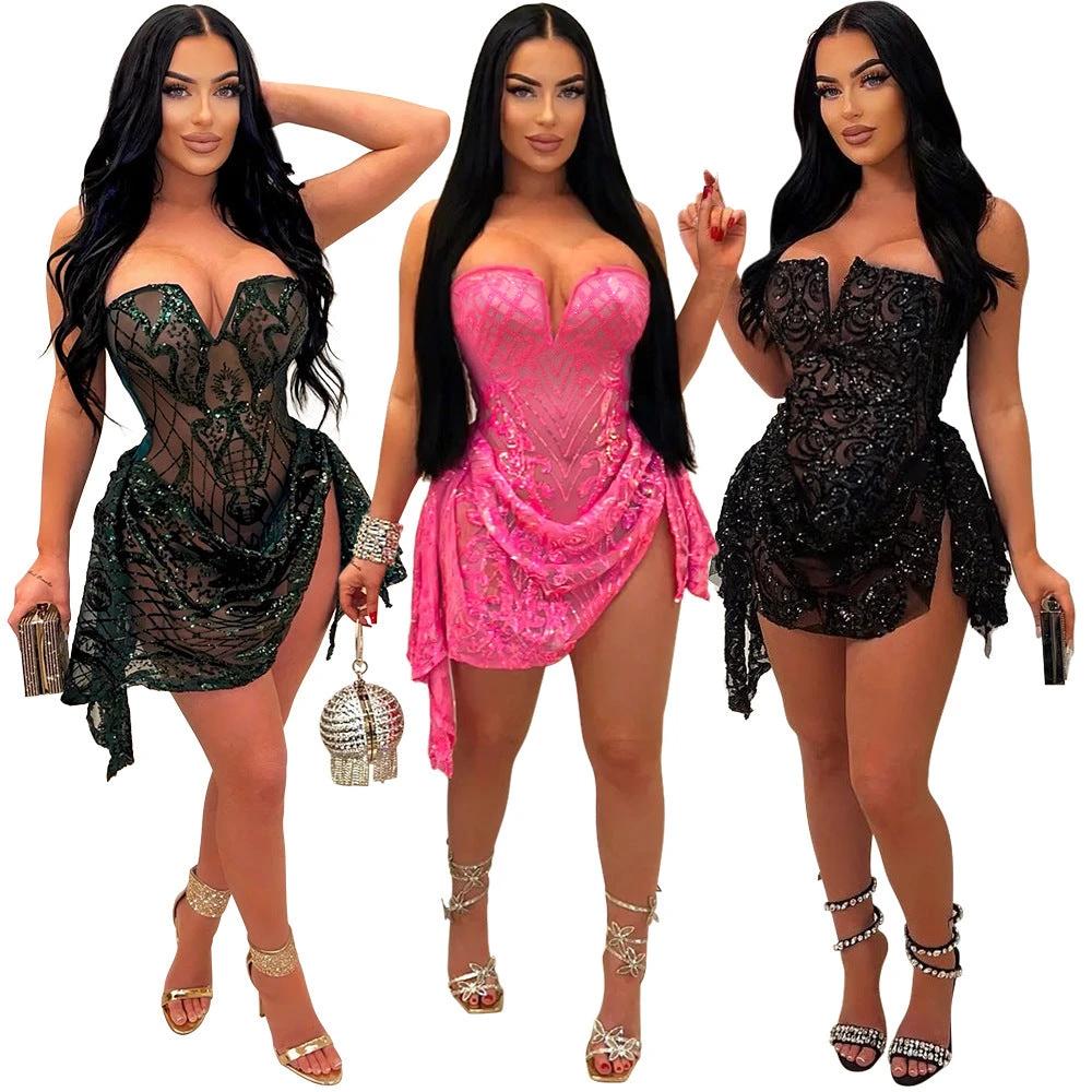 European And American Sexy V-neck Tube Top See-through Sequins Dress Women by GJG Denim