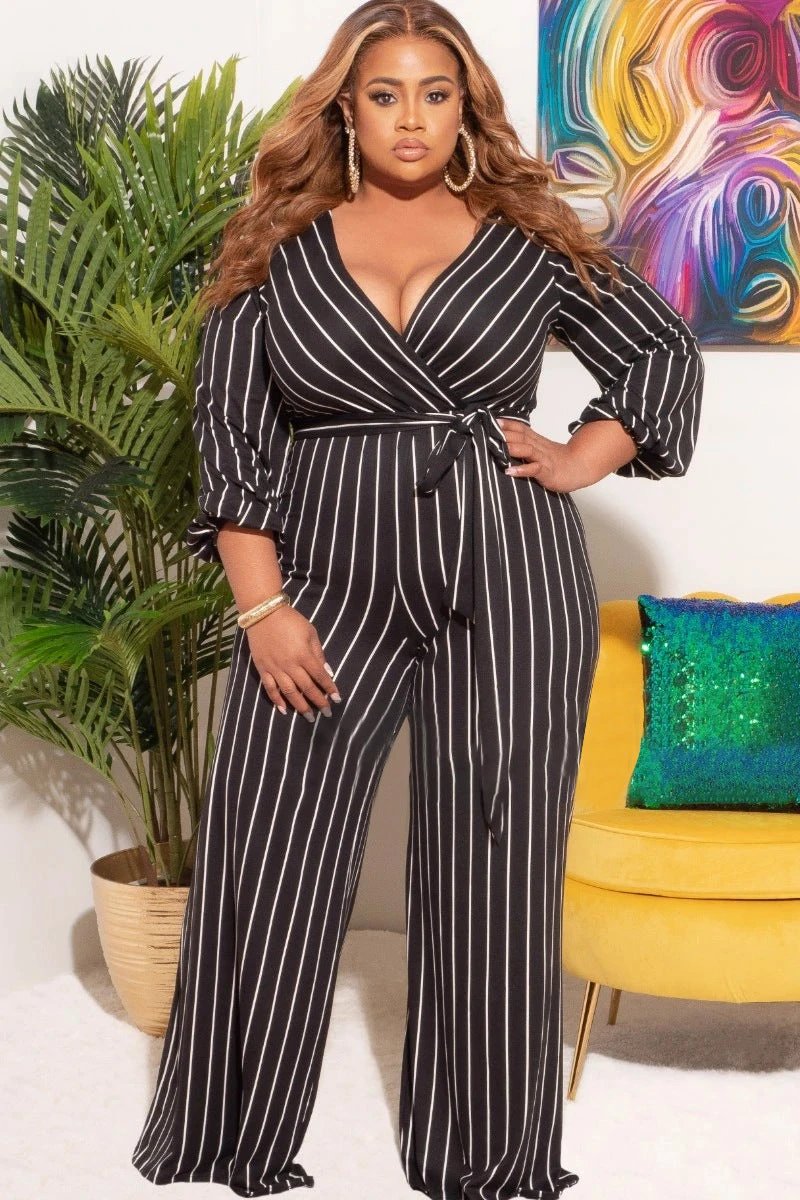 Women's Placement Print Striped Plus Size V-Neck Jumpsuit by GJG Denim