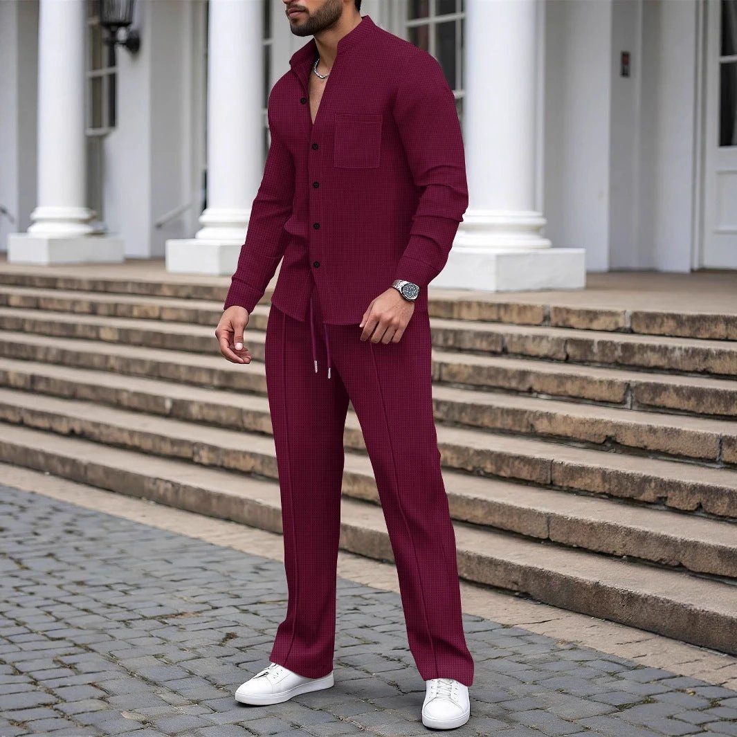 Waffle-textured Solid-color Stand-collar Shirt And Long-sleeve Pants Casual Set For Men by GJG Denim