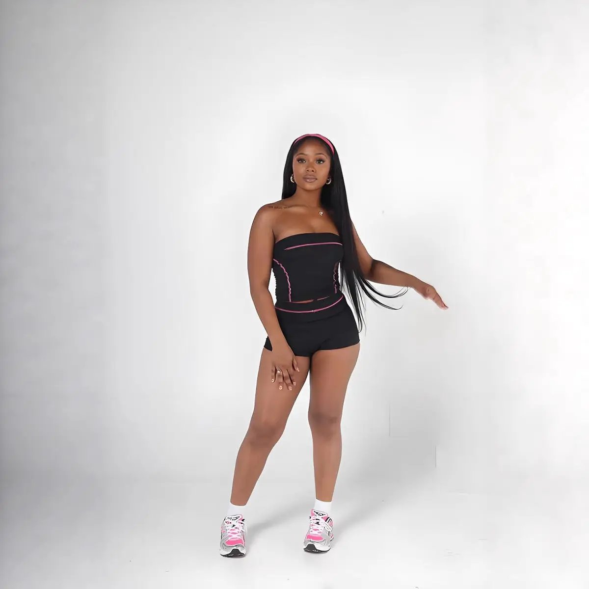 Contrast-Color Strapless Top And Shorts Sports Fitness Yoga Set by GJG Denim