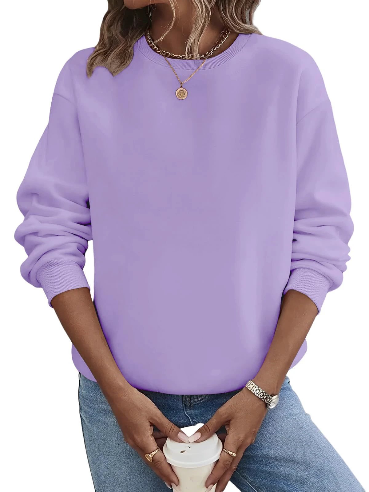 Solid Color Blank Round Neck Plus Size Fashion Sweater by GJG Denim