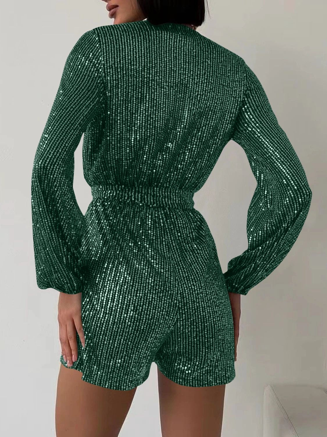 Full Size Sequin Surplice Tie Waist Long Sleeve Romper by Lady Ros