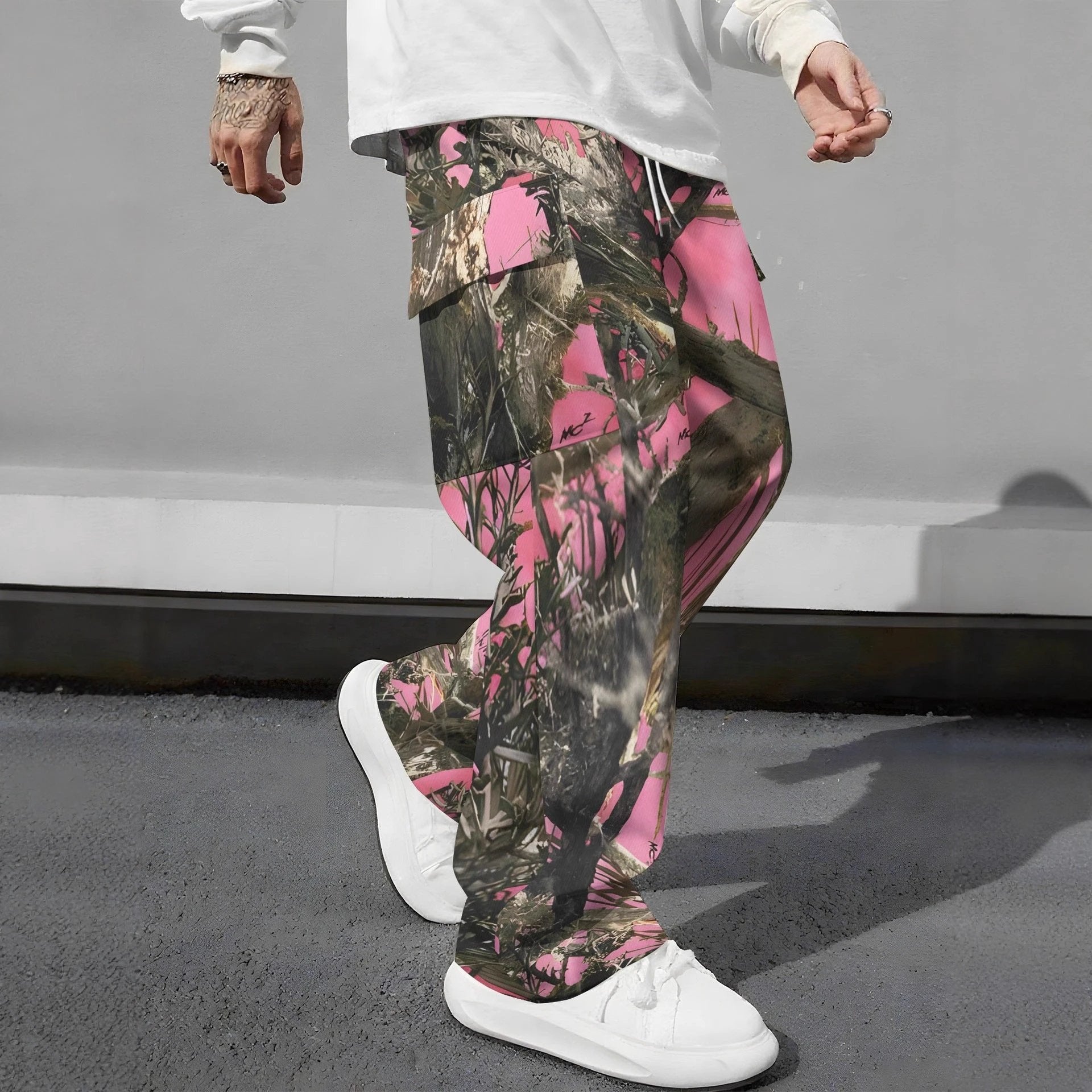 Pink Camo Cargo Pants For Men by GJG Denim