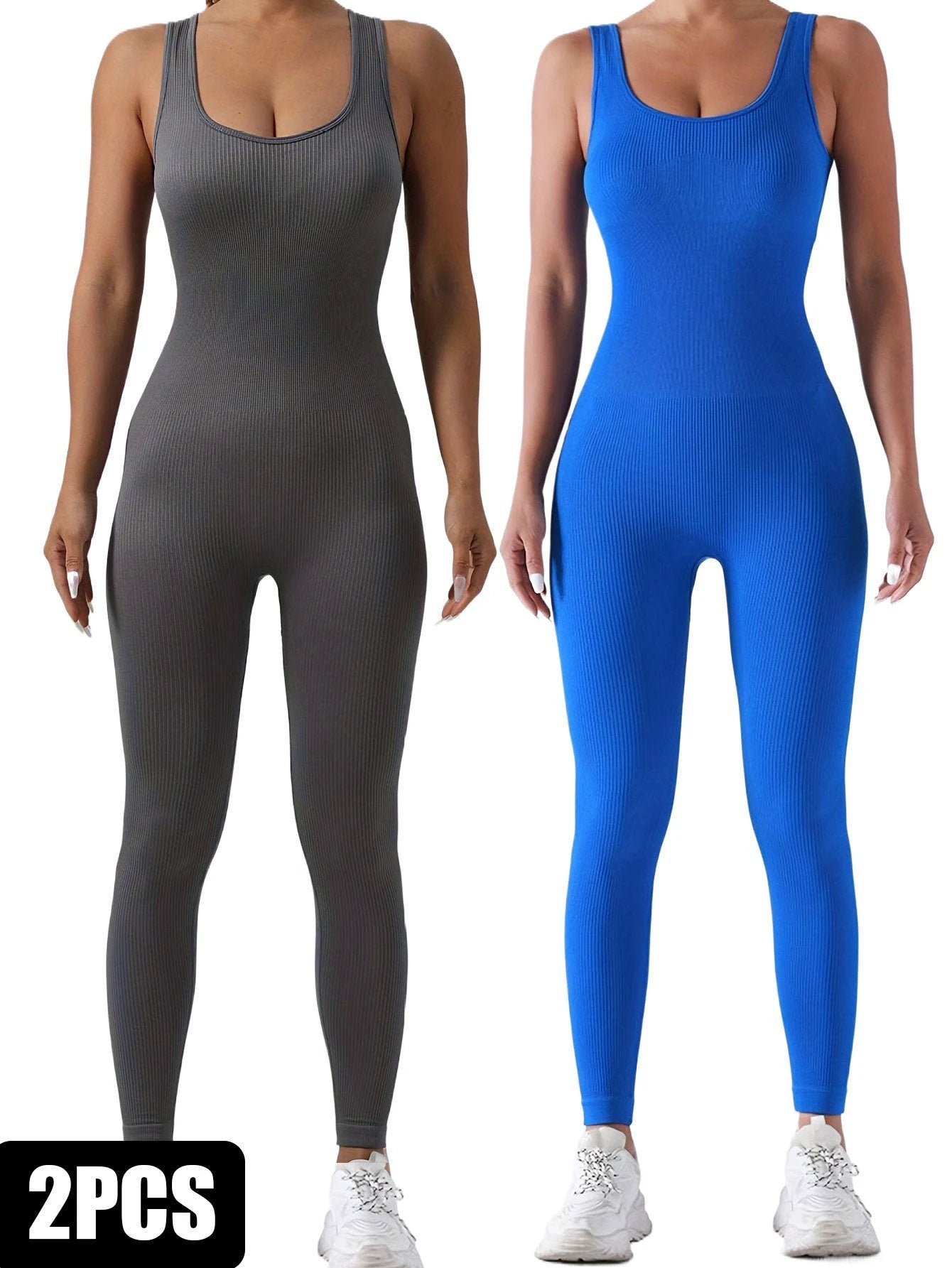2 Pack Women's Ribbed Solid Color One-Piece Jumpsuit, Form-Fitting Sensual Activewear, Classic Sleeveless Full-Length Pants For Sport Casual Wear by GJG Denim