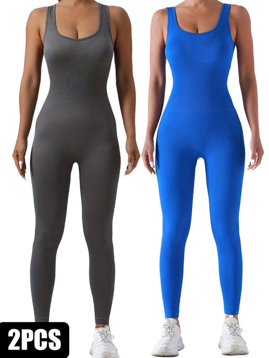 2 Pack Women's Ribbed Solid Color One-Piece Jumpsuit, Form-Fitting Sensual Activewear, Classic Sleeveless Full-Length Pants For Sport Casual Wear by GJG Denim