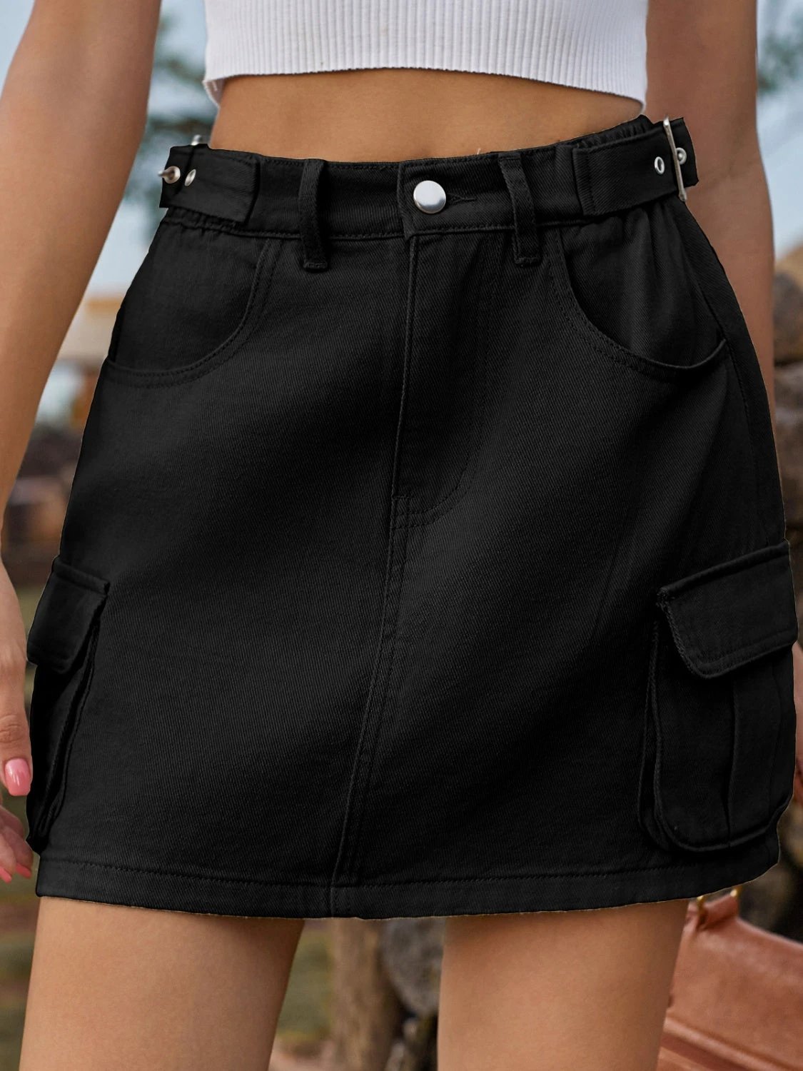 Adjustable Waist Denim Skirt with Pockets by Lady Ros
