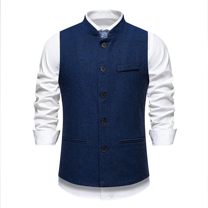 Men's Retro Stand Collar Herringbone Solid Color Suit Vest by GJG Denim