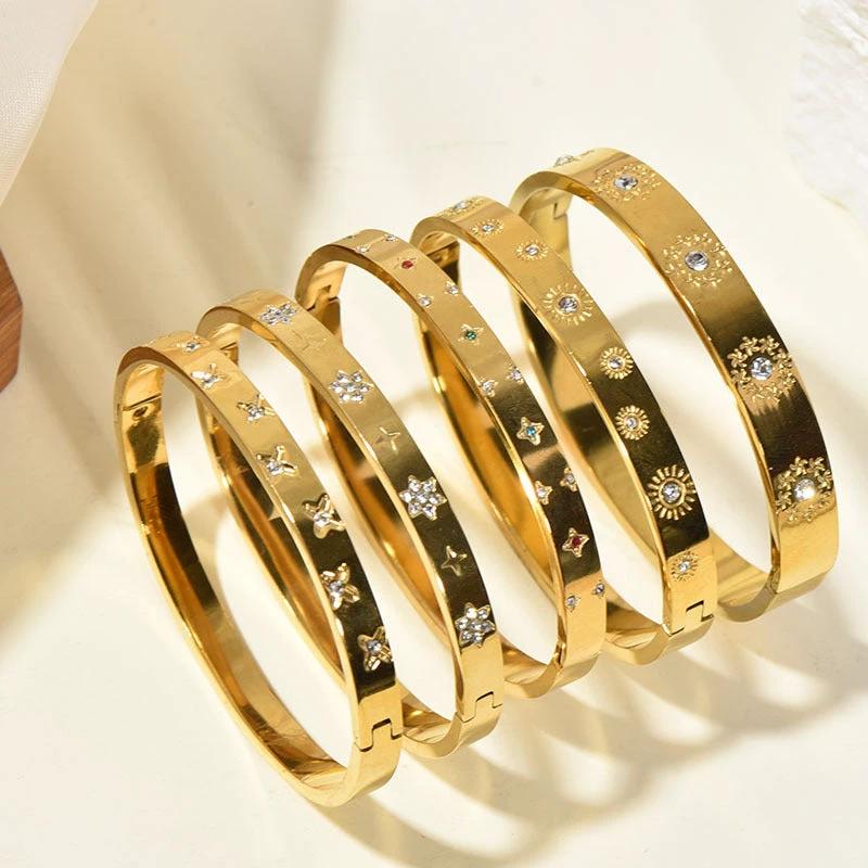Retro Sunflower Diamond-Encrusted Bracelet Gold Polished Cuff by GJG Denim