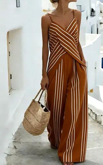 Striped Casual Womens V-Neck Sleeveless Set by GJG Denim