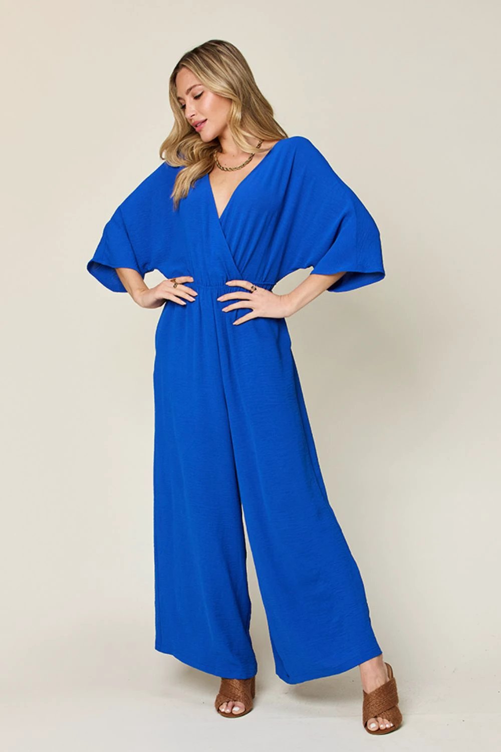 Tie-Waist Jumpsuit with Wide Legs and Short Sleeves by Lady Ros