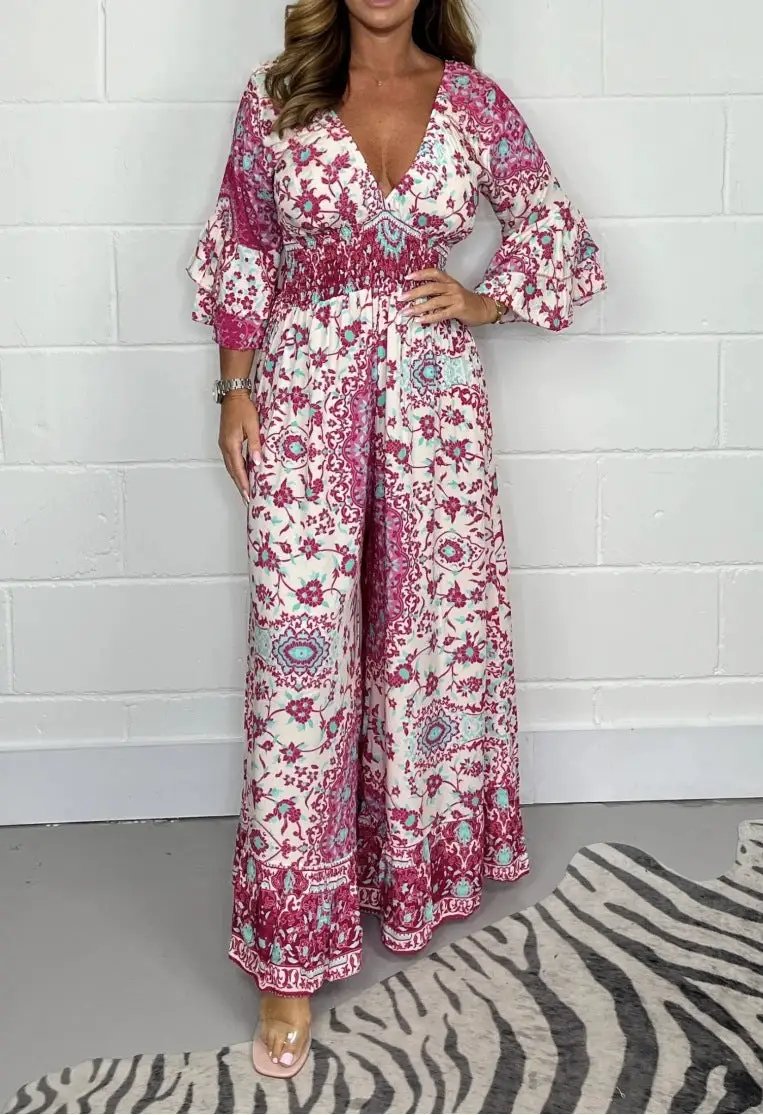 V-neck Printed Jumpsuit Plus Size Casual Jumpsuit by GJG Denim