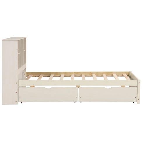 Modern Twin Size Bed Frame With Built-in USB Port On Bookcase Headboard And 2 Drawers White Washed Color by GJG Denim