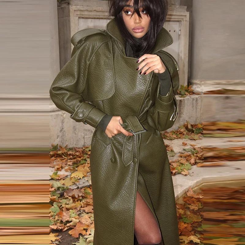 Autumn And Winter Women's Clothing New Leather Coat Elegant Long Leather Coat by GJG Denim