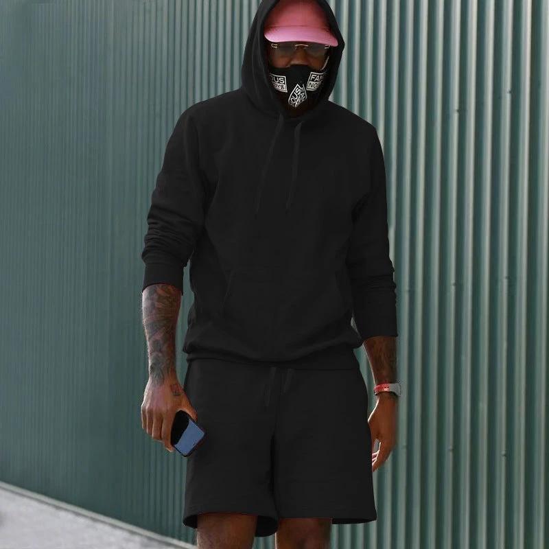 Men's Fleece-Lined Hoodie And Shorts Two-Piece Set by GJG Denim